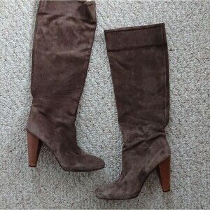 Joie brown knee high leather pull on boots wood block heel size 36.5